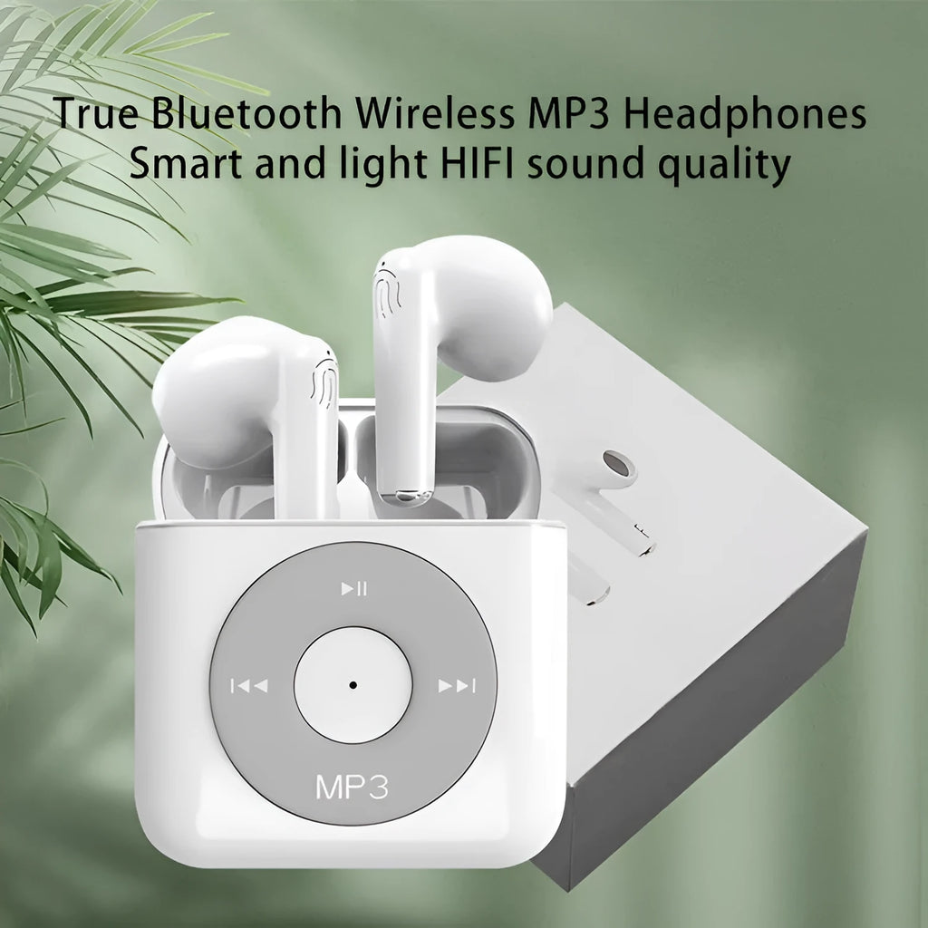 White wireless Bluetooth semi-in-ear earphones with a charging case on a plain background.