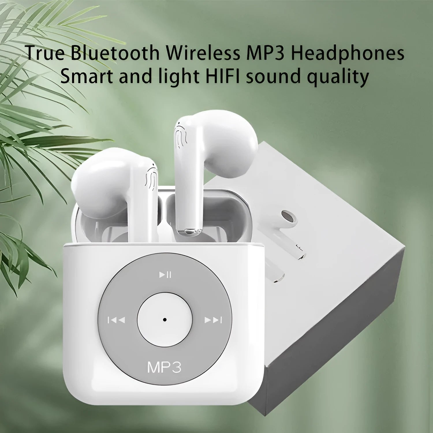 White wireless Bluetooth semi-in-ear earphones with a charging case on a plain background.