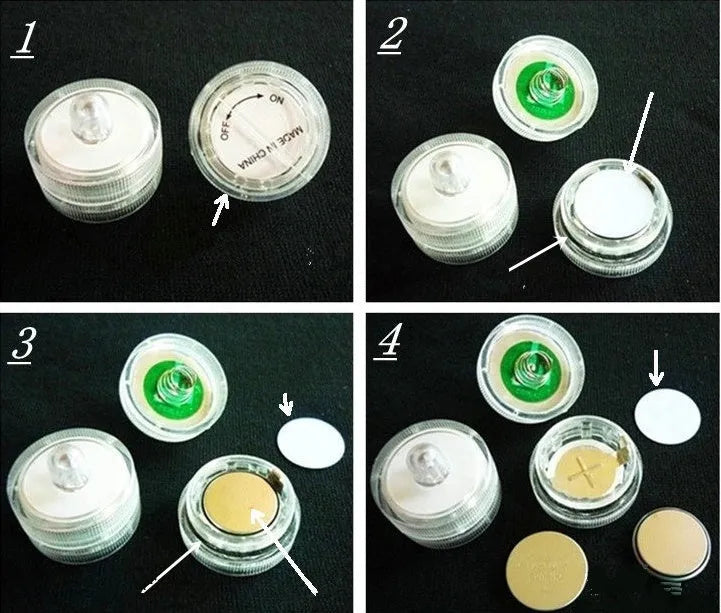 LED waterproof electronic candle light in seven colours, 3cm diameter, 2.6cm height, plastic body, 12-pack