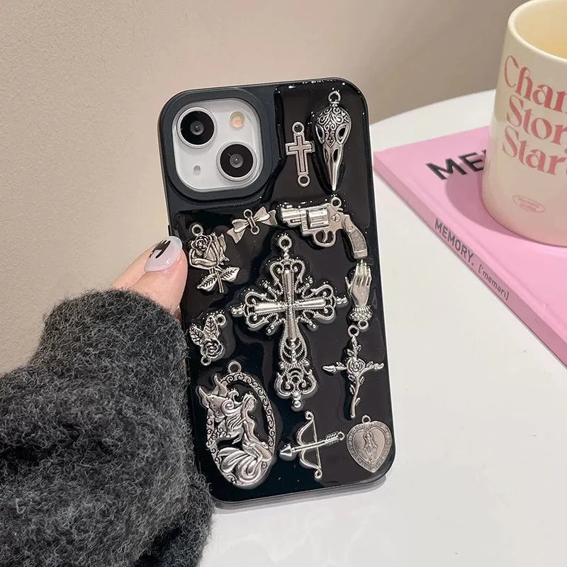Epoxy resin phone case with three-dimensional cross pendant in retro dark style for iPhone 15 Pro Max