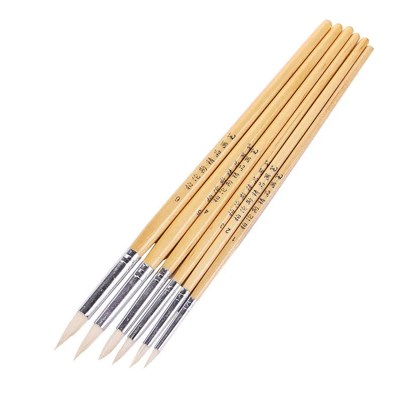 Six-piece wooden artistic brush set with pointed wool tips for line art painting