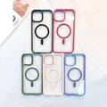 Transparent magnetic silicone phone case for iPhone on a table, showing the solid colour accent and integrated ring.