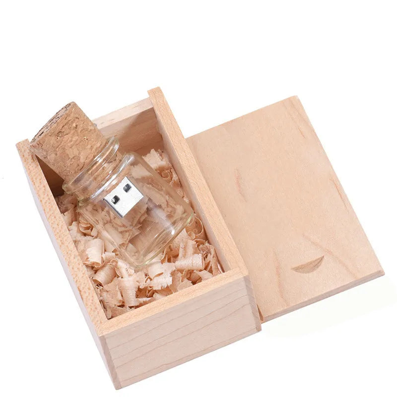Chocolate brown wooden USB drive with custom lettering engraving in drift bottle storage disk design