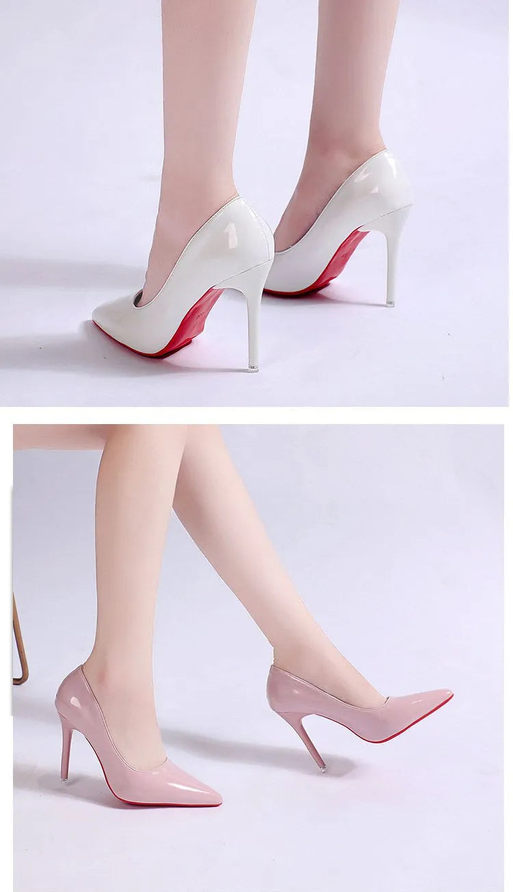 Women's black stiletto heel pump with pointed toe and shallow cut on a white background.