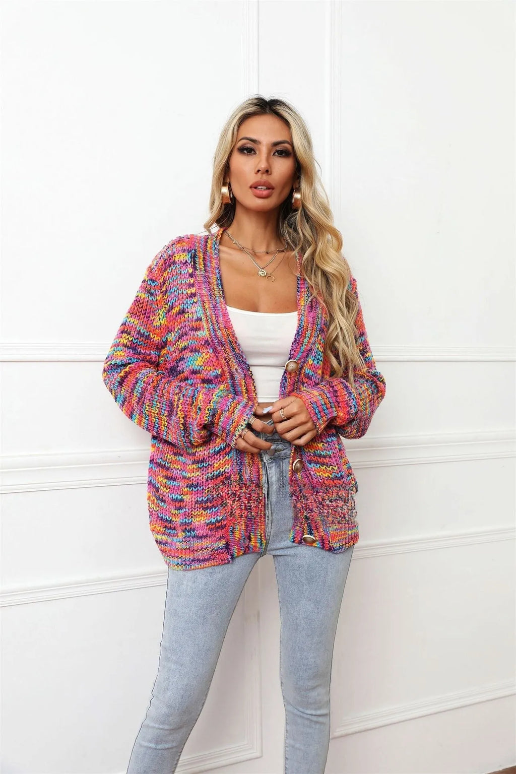 Rose red rainbow striped loose cardigan knitted coat shown on model