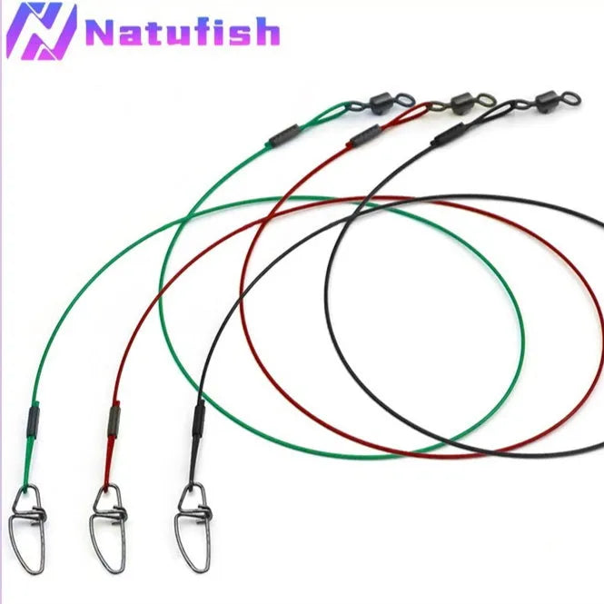 Steel wire fishing leader with double buckle pin, 54cm long, in red colour