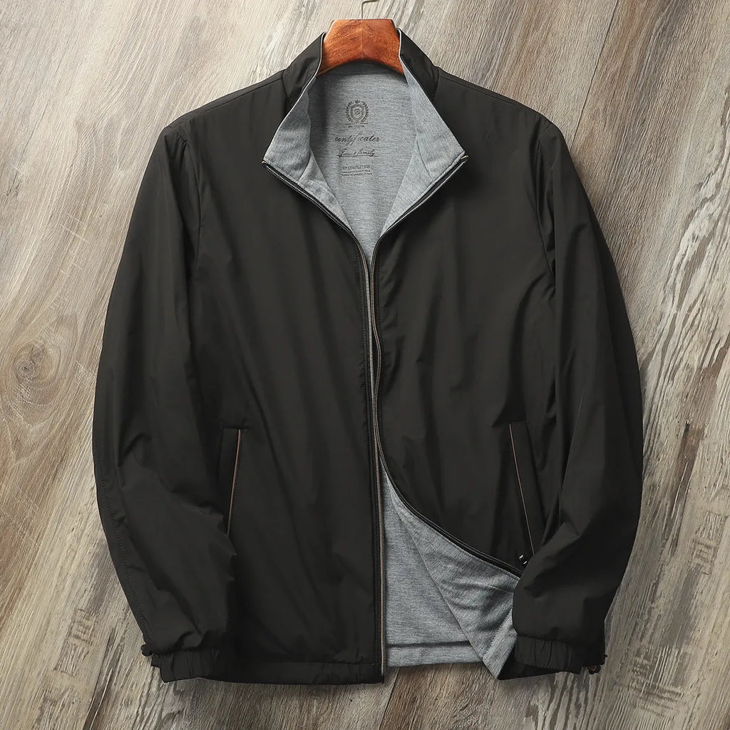 Man wearing a simple stand collar casual jacket in army green, showing the regular fit and cotton lining.