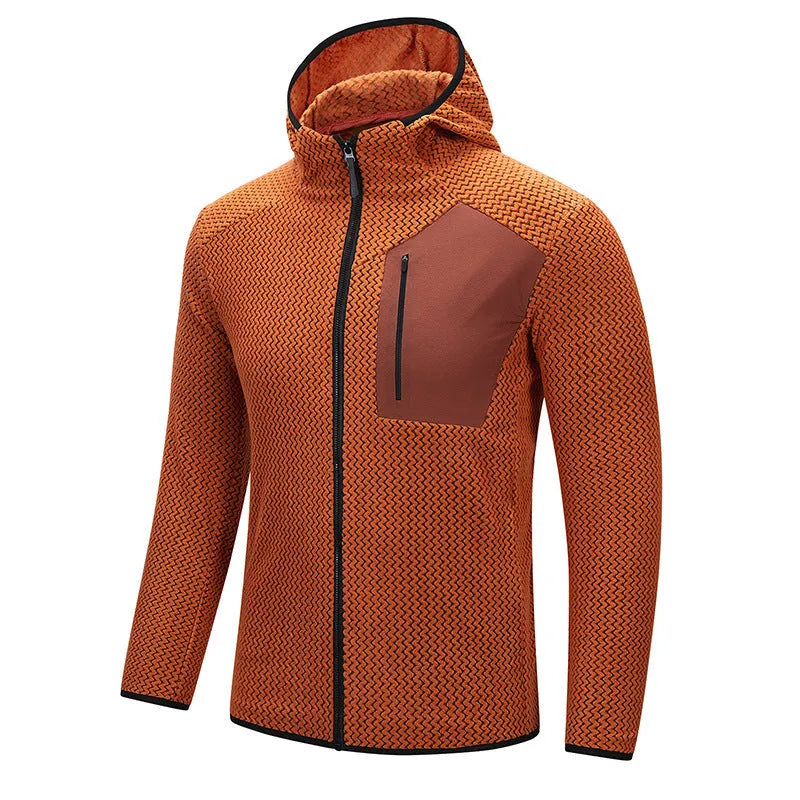 Thickened hooded fleece jacket in black, full zip, side pockets, for men youth outdoor sports