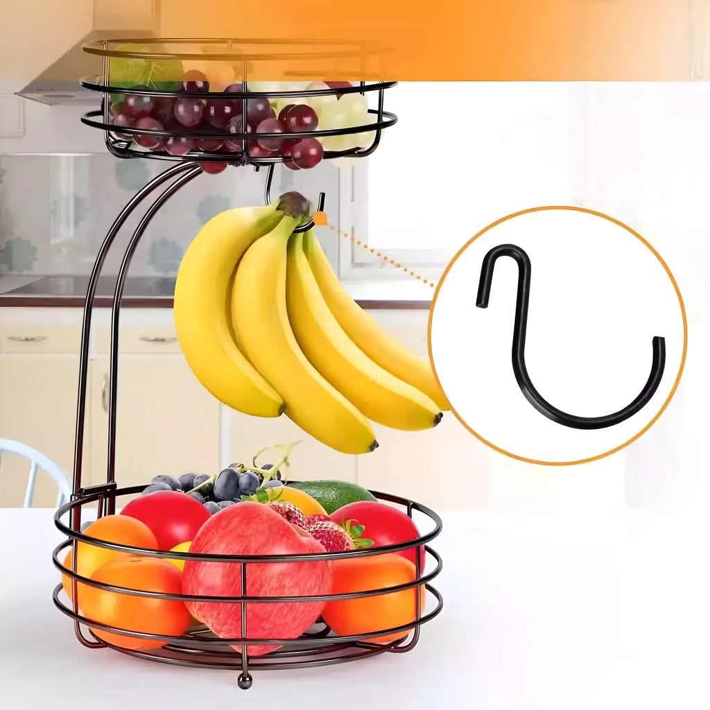 Black and gold wrought iron double-layer fruit storage basket for restaurant kitchen