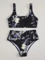 Women's high-waist U-neck separated bikini swimsuit with marble tie-dye printing