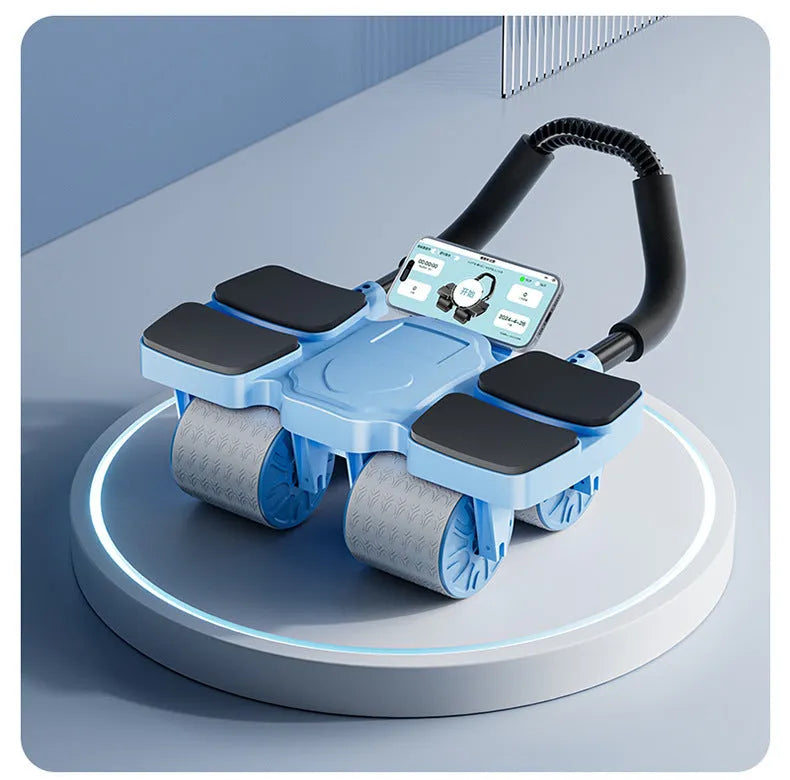 Automatic rebound abdominal wheel fitness equipment with four wheels on a floor.