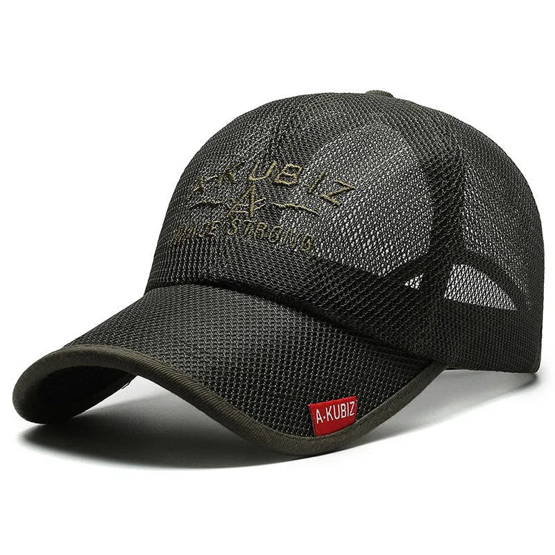 Men's adjustable mesh baseball cap in army green colour showing dome crown and adjustable strap