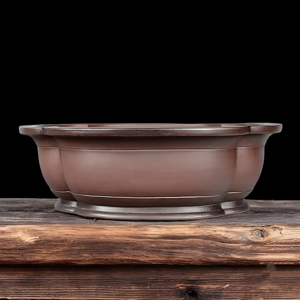 Handmade antique crabapple shaped purple clay ceramic flowerpot, large rectangular planter.