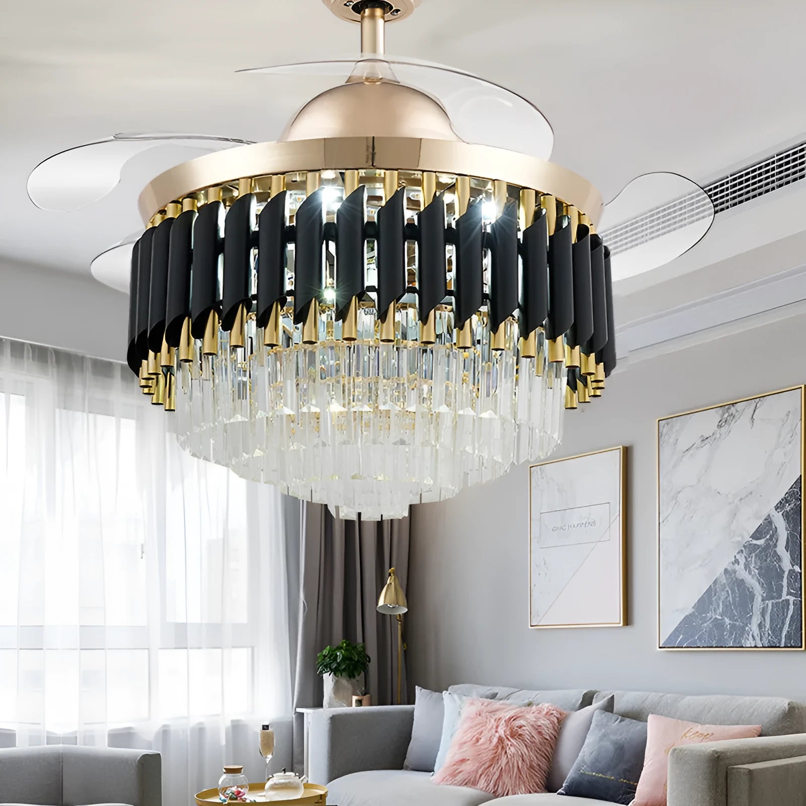 Crystal chandelier ceiling fan light with LED illumination and remote control in 42-inch or 48-inch size options