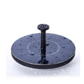 Black solar panel fountain pump with four nozzle heads for garden birdbaths and ponds.