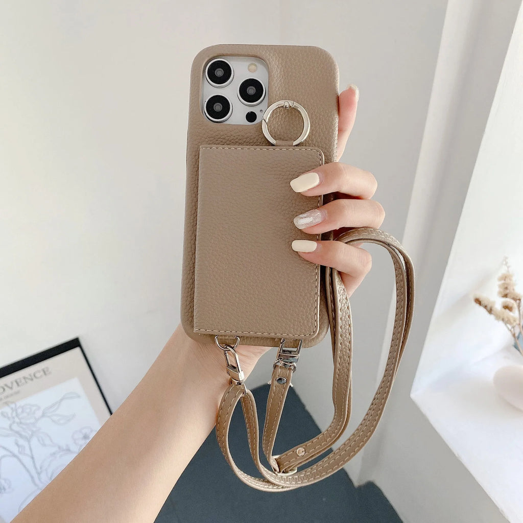 Lychee pattern frosted imitation leather lanyard phone case with beauty mirror and card slots