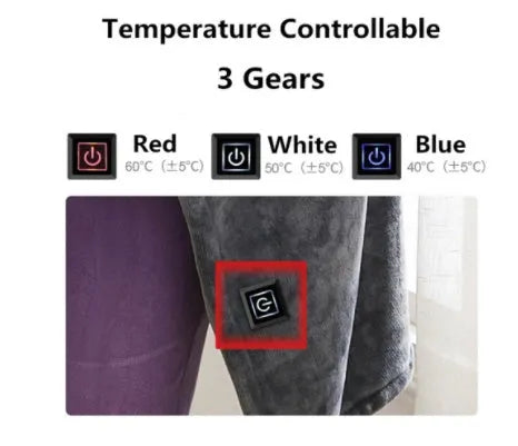 Grey coral fleece USB heated blanket showing carbon fibre heating elements and control button.