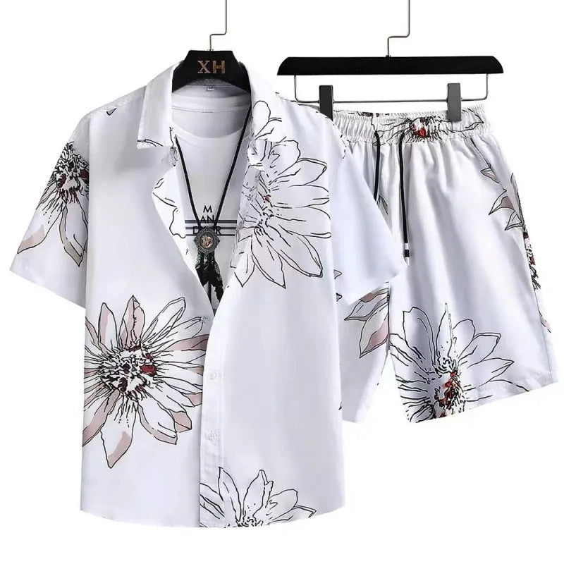 Men's digital print short sleeve shirt and matching shorts in elastic polyester fabric