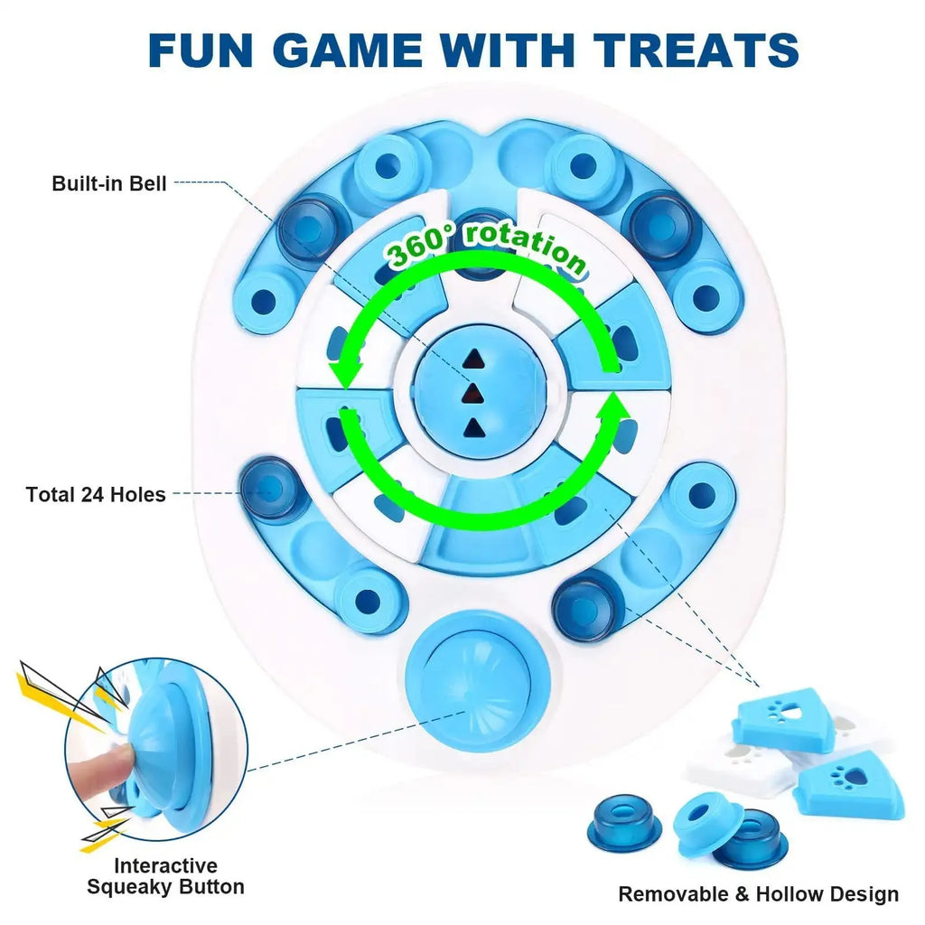 Blue dog puzzle toy with 24 compartments and spherical bells on a floor, showing clear top and non-slip base
