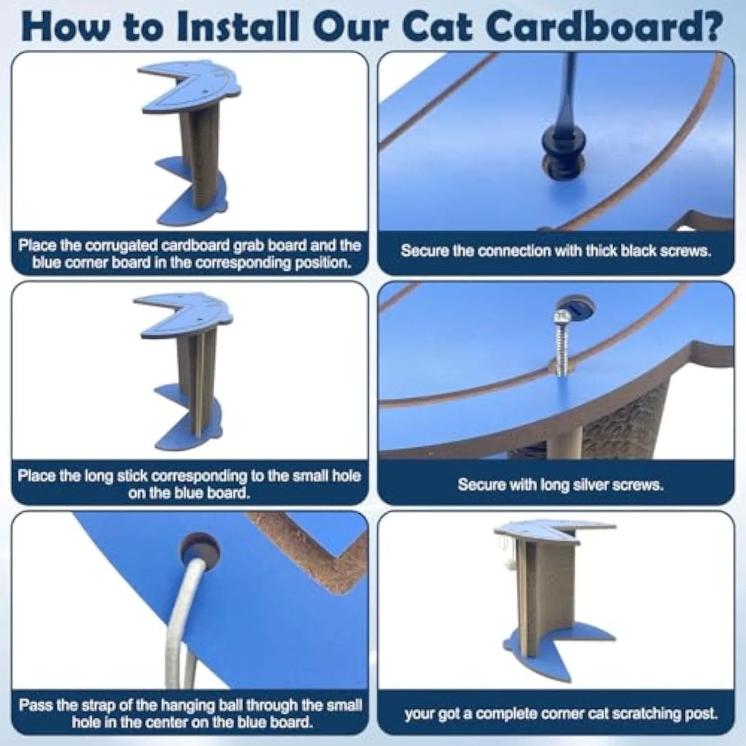 Triangular cardboard cat scratching pad positioned in room corner with hanging ball