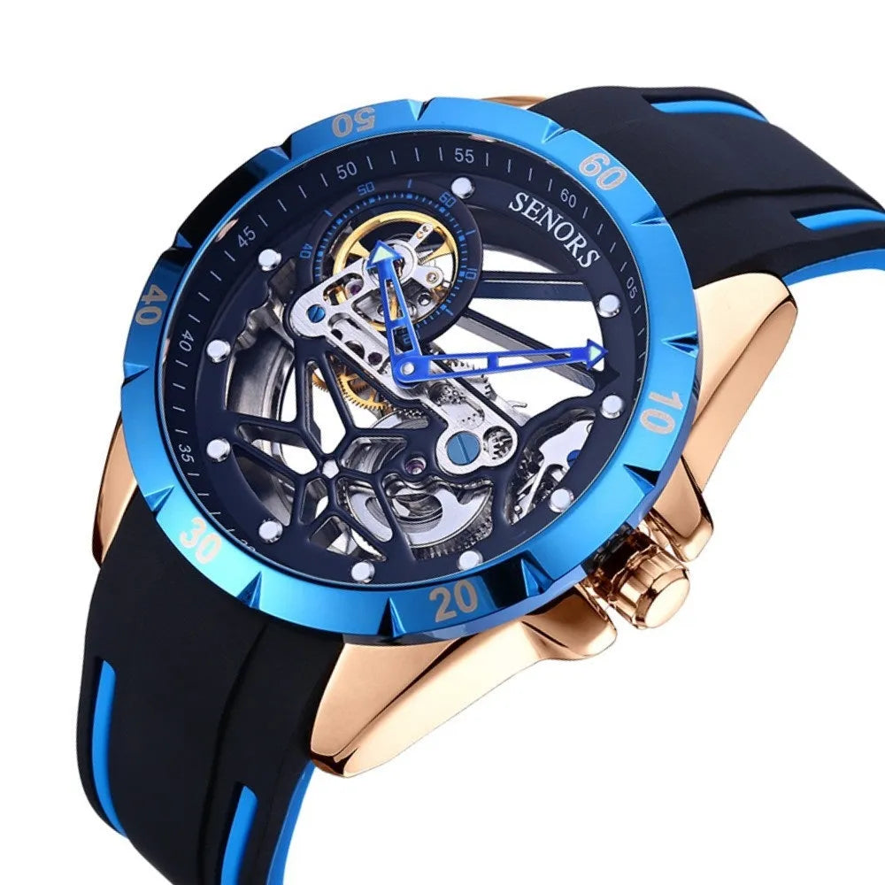 Men's rose gold automatic skeleton watch showing mechanical movement through hollow dial