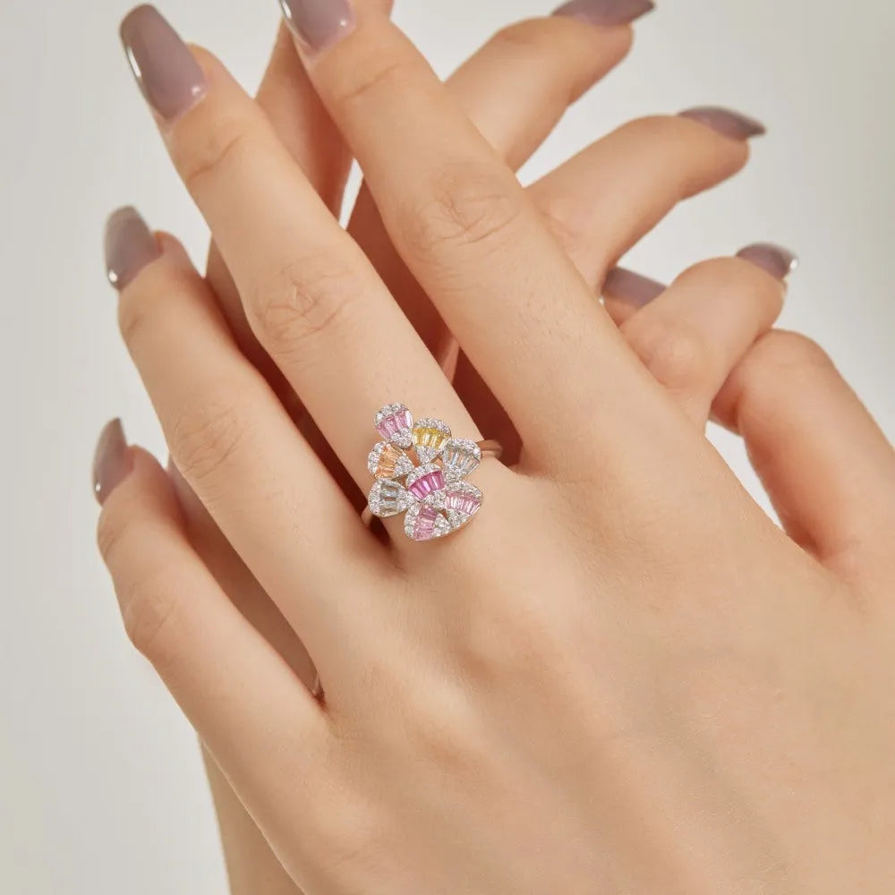 Water drop geometry colour zircon ring silver platinum finish women ring white gold colour