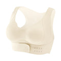 Women's sports bra with front buckle closure and back shaping design for yoga and exercise.