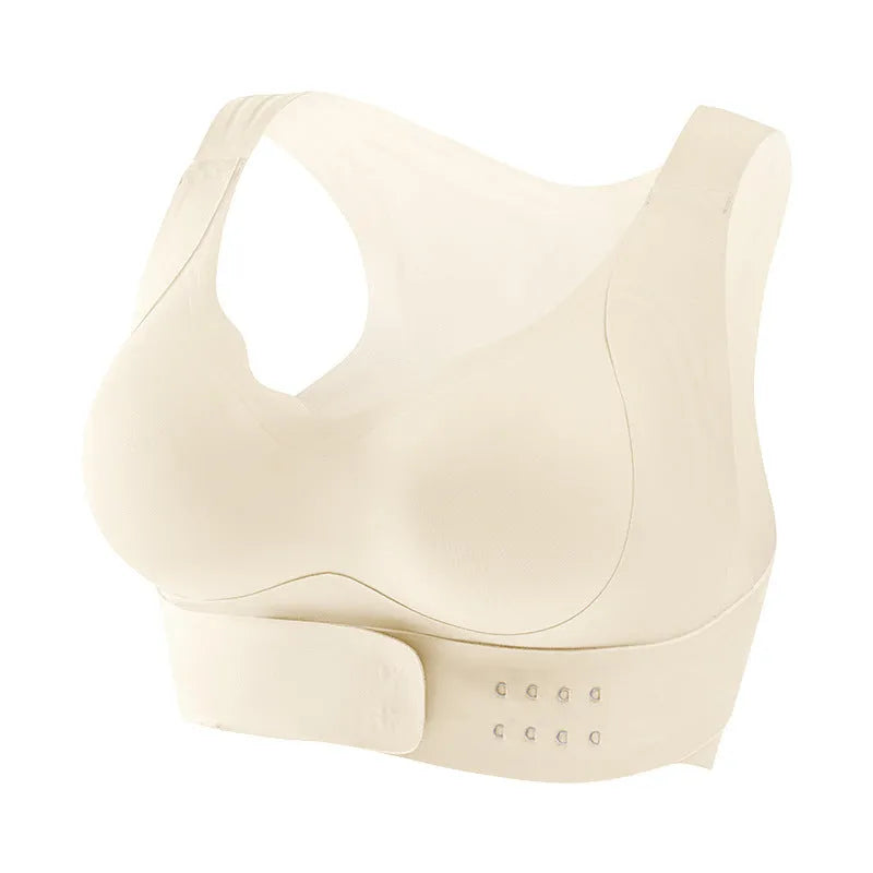 Women's sports bra with front buckle closure and back shaping design for yoga and exercise.
