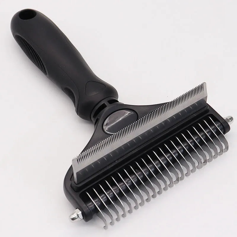 Two-in-one pet hair unknotting comb with dense and sparse teeth in black, blue, and pink - small and large sizes