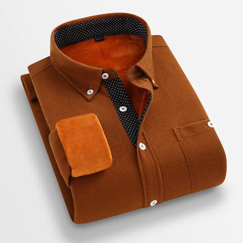 Mens casual flannel shirt in solid colour, thickened winter linen fabric, long sleeves, loose fit