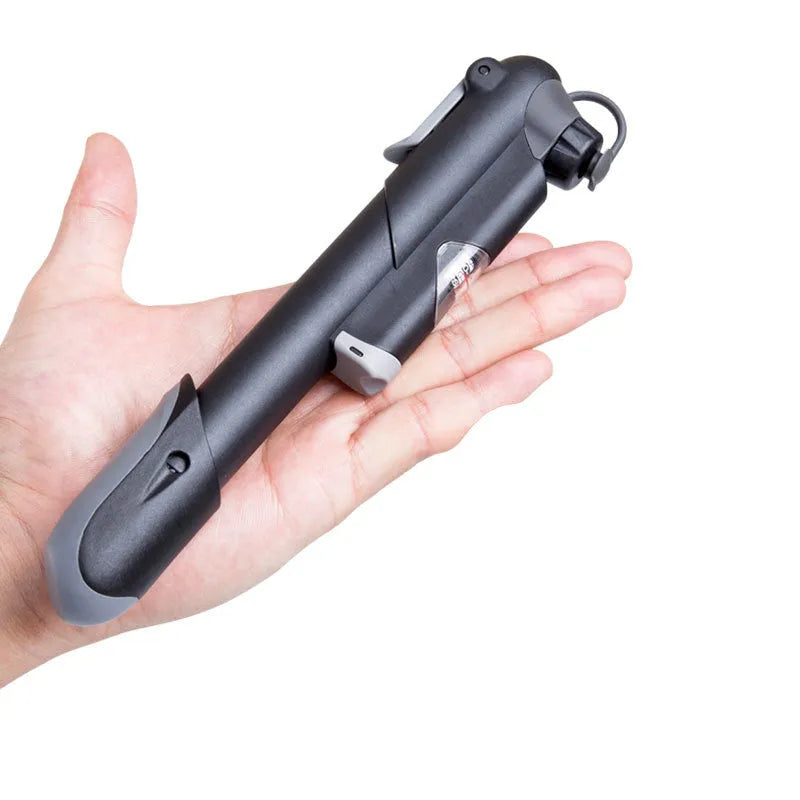 Black bicycle mini pump 18cm with round handle and aluminium alloy valve head on frame bracket