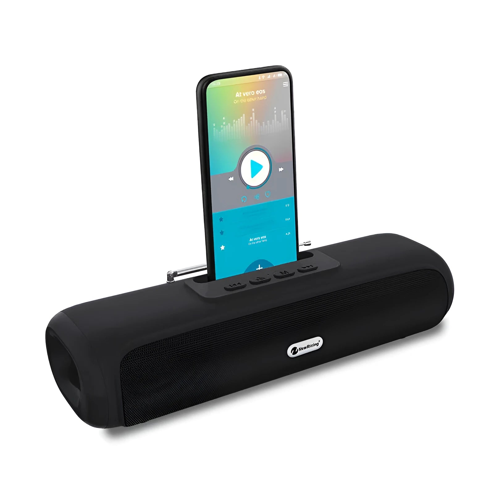 Desktop wireless Bluetooth speaker with long strip subwoofer in black, blue, red, or silver grey.