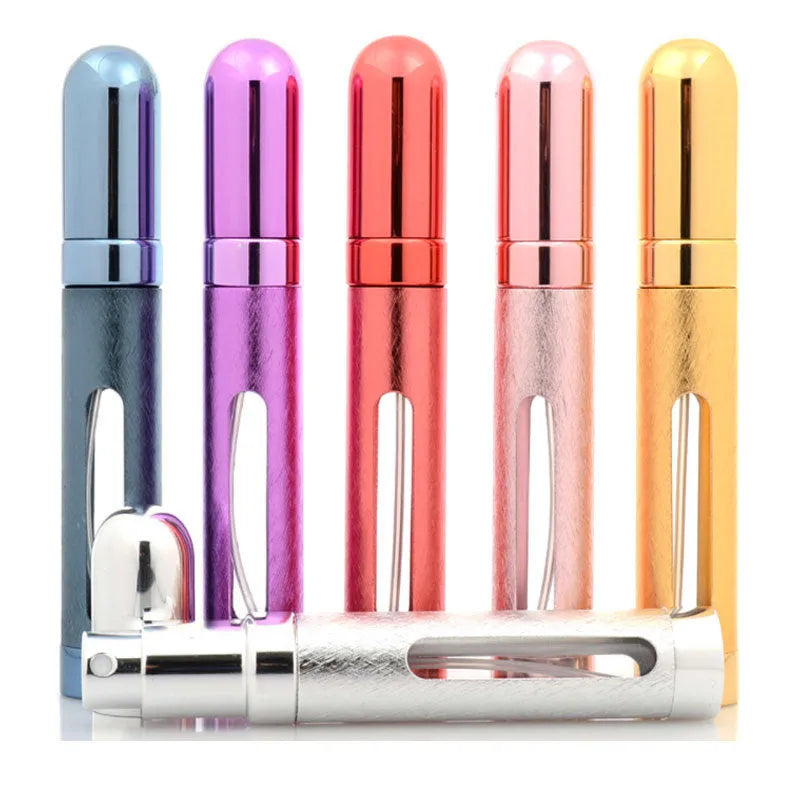Slim 12ml aluminium travel perfume bottle with glass liner in blue, gold, pink, red, silver, and violet colours.
