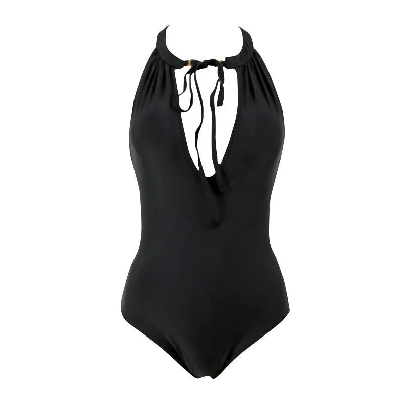 Women's one-piece solid colour slimming swimsuit in black, sleeveless design, for swimming and hot springs