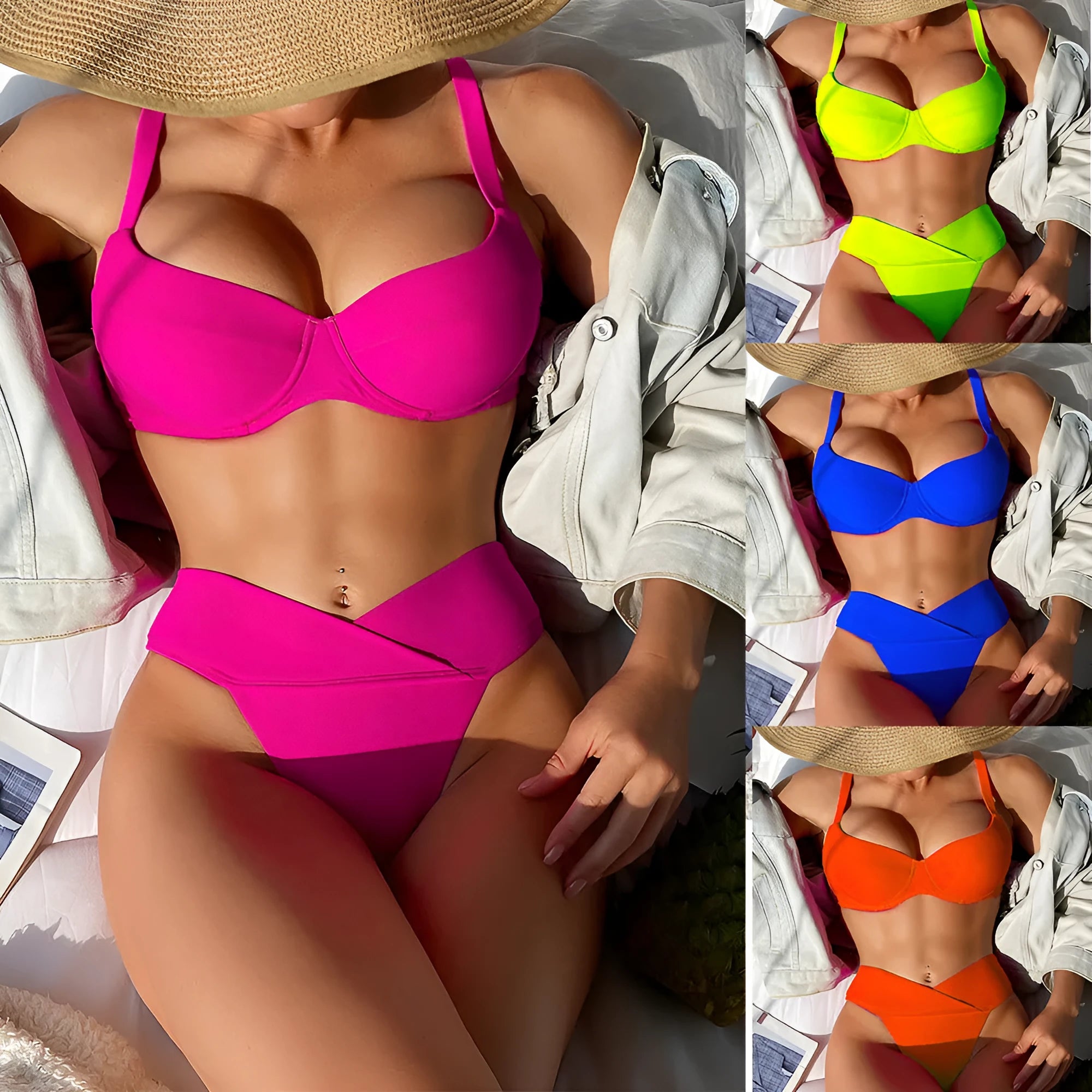 Solid colour nylon bikini swimsuit with briefs style and sleeveless top on a mannequin