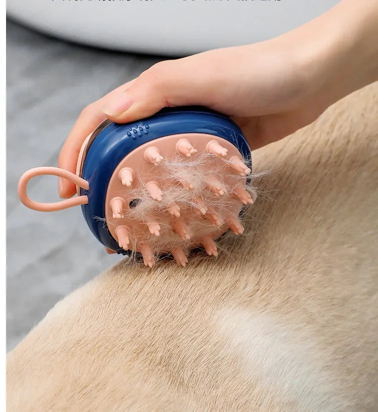 Blue 2-in-1 pet bathing brush with silicone head and integrated shampoo dispenser held in a hand.