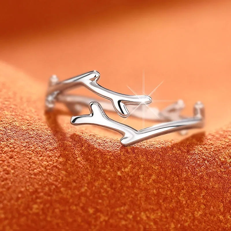 Minimalist Branches classic adjustable ring in white gold colour with leaf and geometry design on copper base