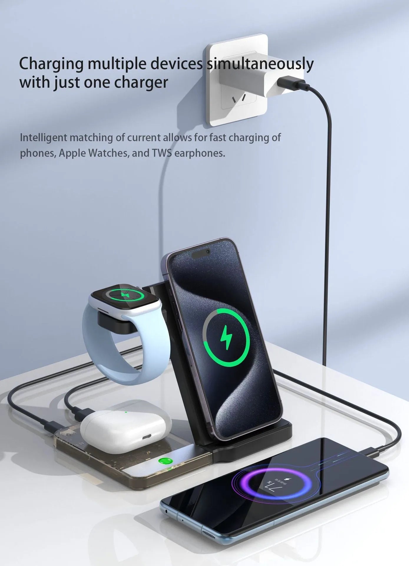Foldable black wireless charging stand showing magnetic phone charging, Apple Watch charging, and night light function