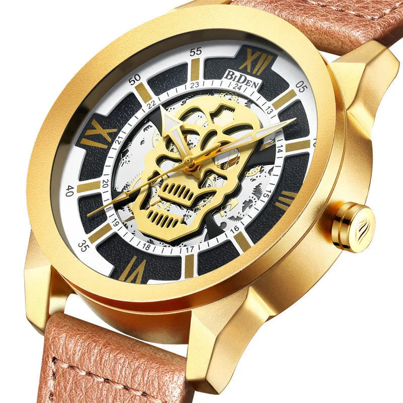 Biden men's hollow case quartz watch with calendar on dial, shown with black and brown leather strap options.