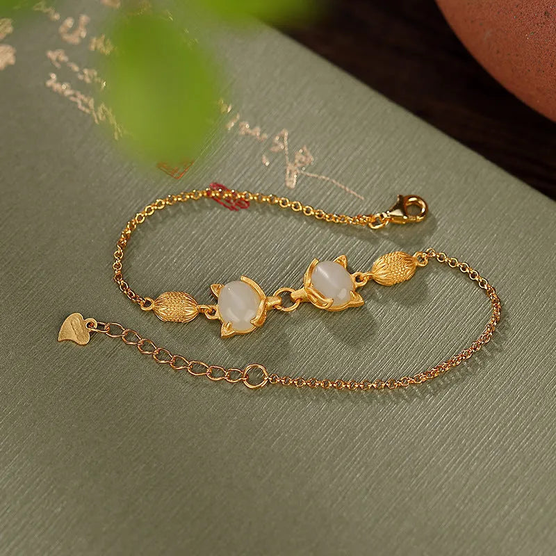 925 sterling silver bracelet with fox charm and natural stone bead on adjustable chain