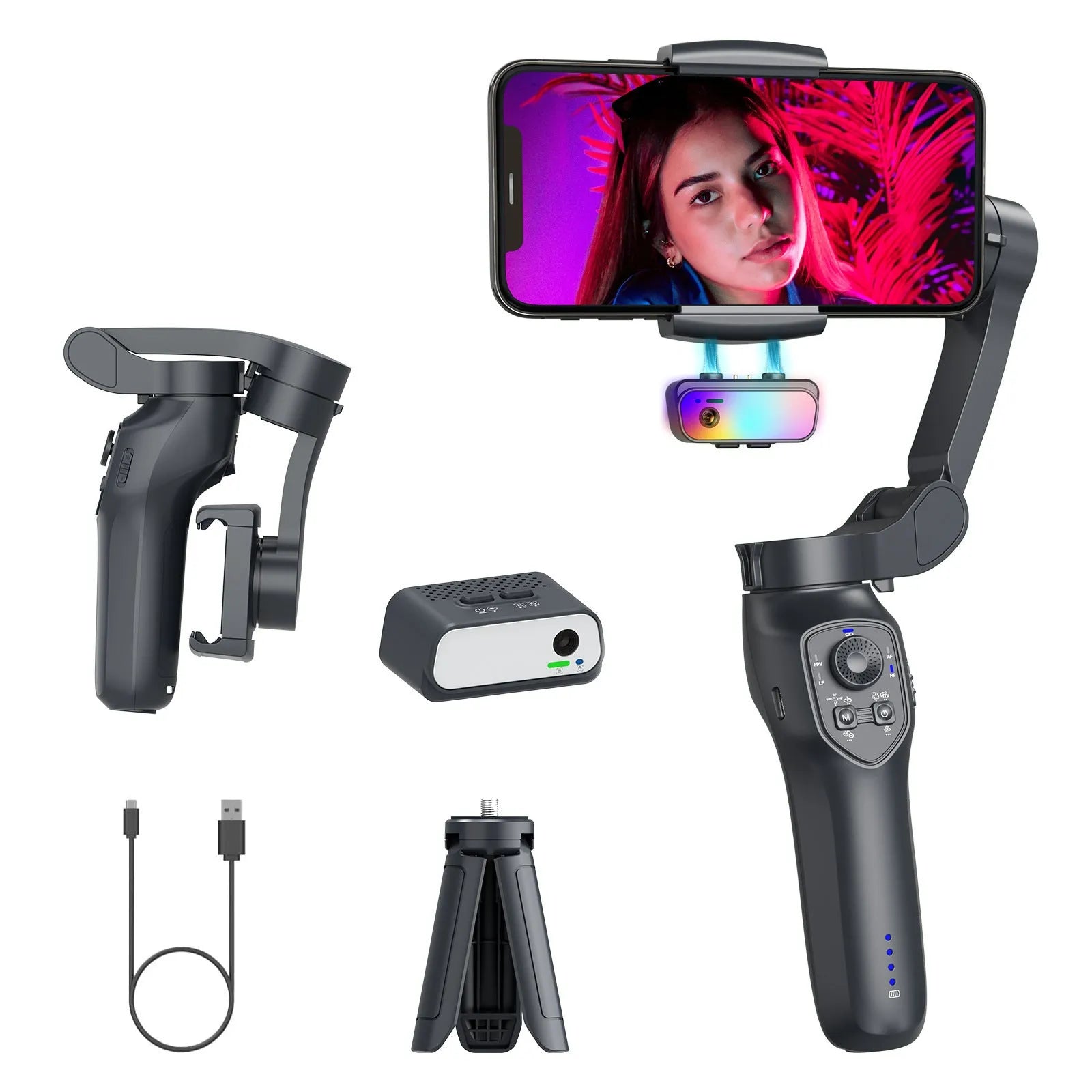 Foldable handheld smartphone video stabiliser gimbal in gun colour with USB charging port.