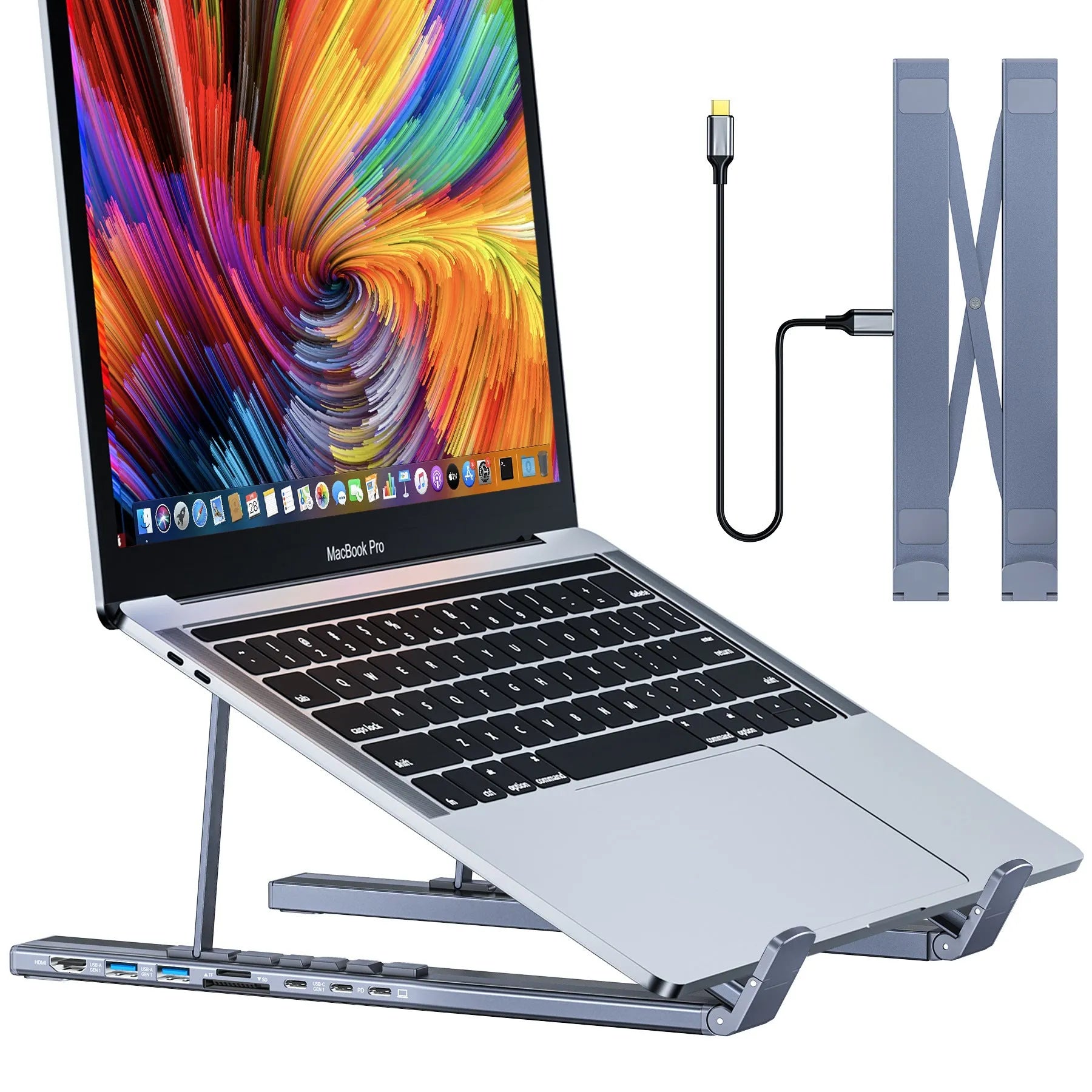 Aluminium alloy folding 8-in-1 HDMI docking station laptop stand with 0.6m cable