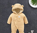 Brown cotton baby winter jumpsuit with covered feet and a front zipper.