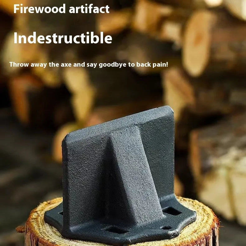 Small square cast iron wood splitter tool on a wooden background.