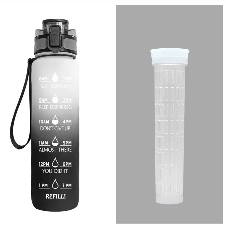 1L Tritan sports water bottle with time markers and flip-top lid in blue-red gradient colour