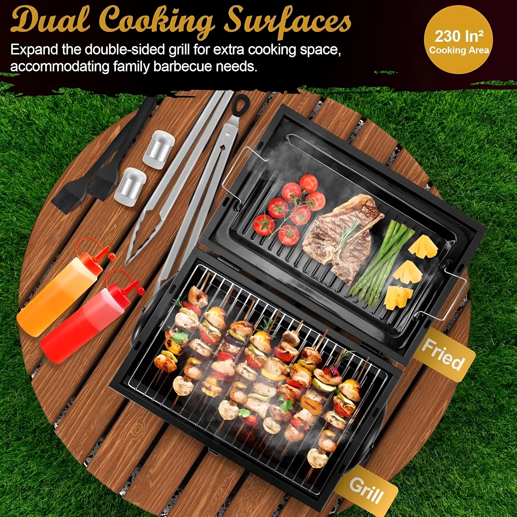 Small black folding metal desktop barbecue with a grill, set up for use.