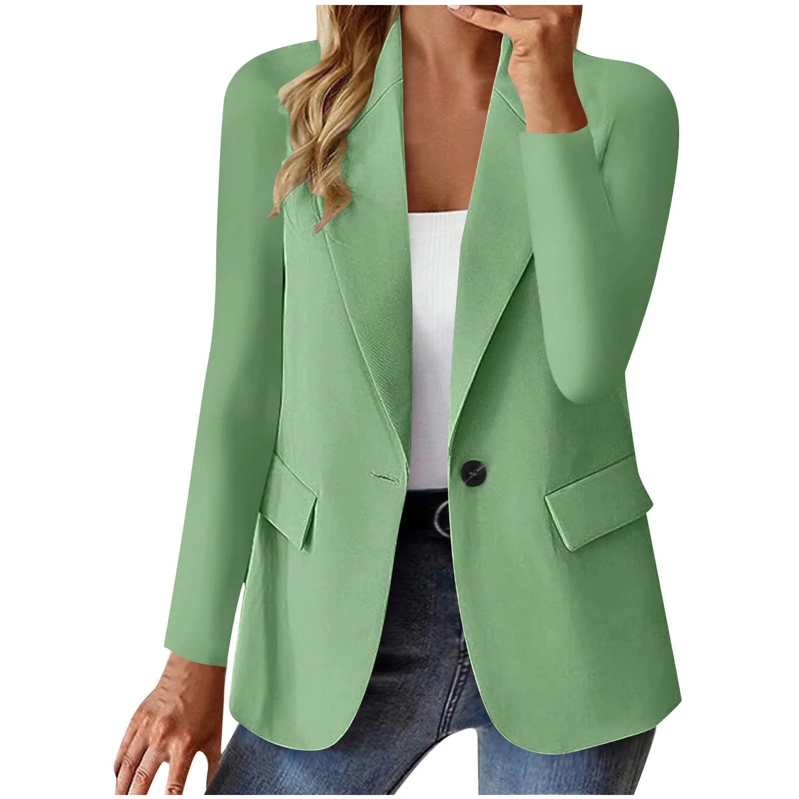 Women's long sleeve solid colour cardigan small suit jacket slim fit with pockets in black polyester fabric.