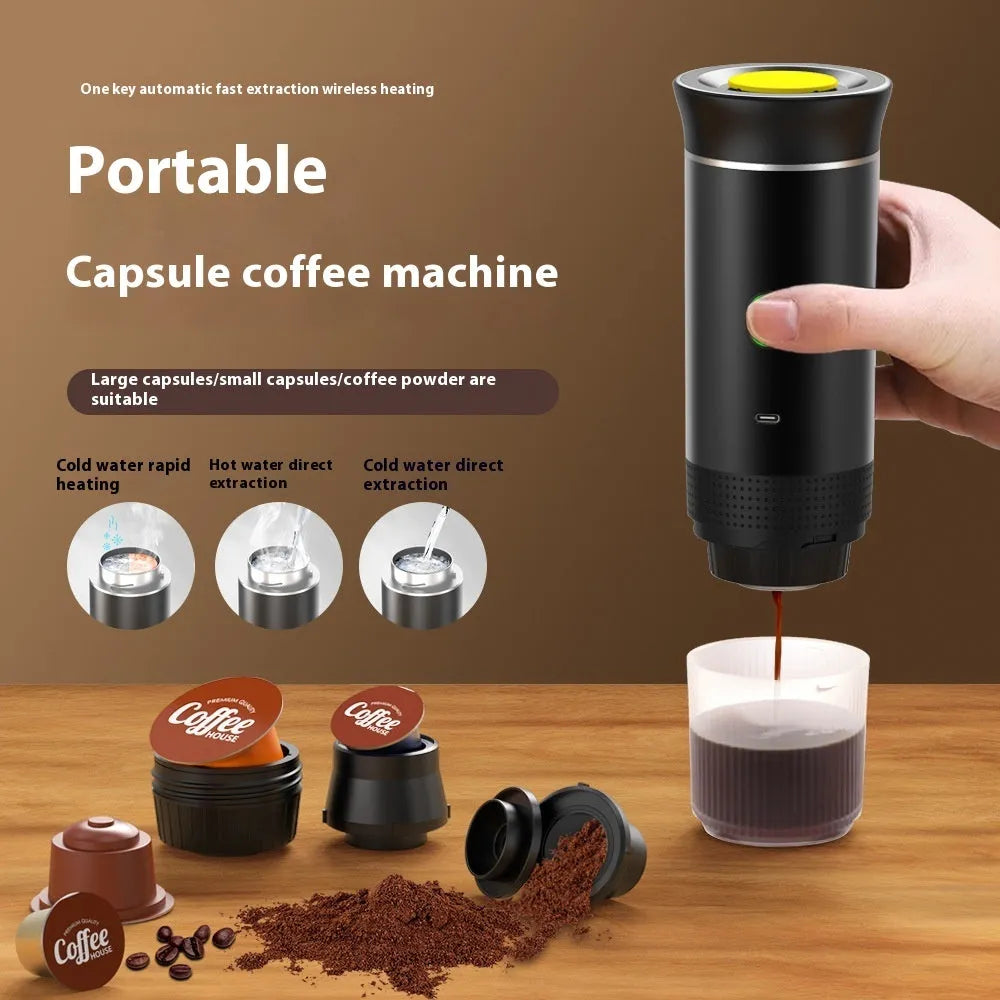 Portable 3-in-1 espresso coffee maker in silver colour with USB cable