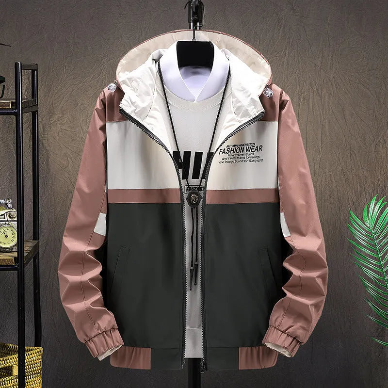 Men's colour block polyester jacket in khaki, with conventional sleeves and full front zip