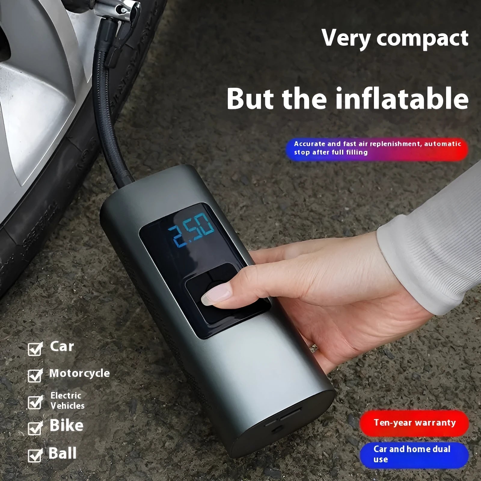 Vehicle air digital display portable wireless tire inflator with ABS metal body, warning light, and USB port